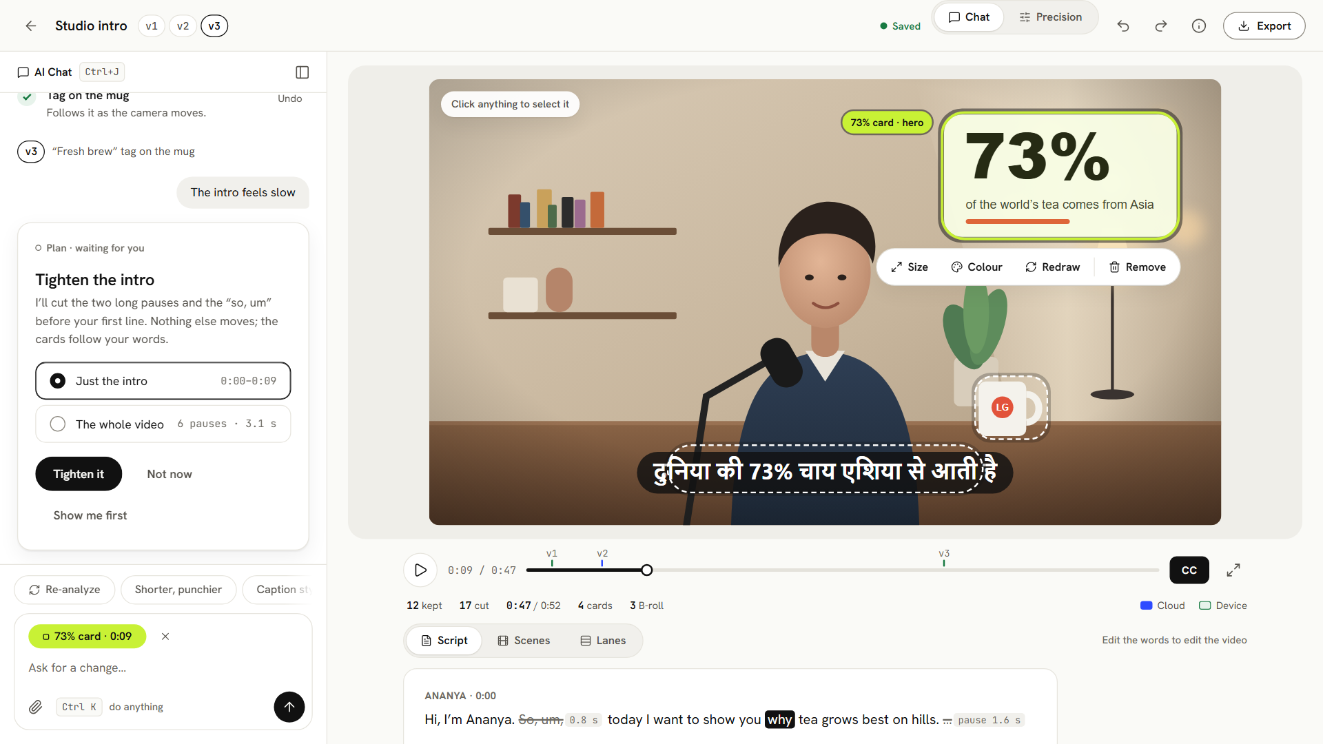 Toast's editor: ask the AI chat for a change, see the plan, and edit the video by editing its words