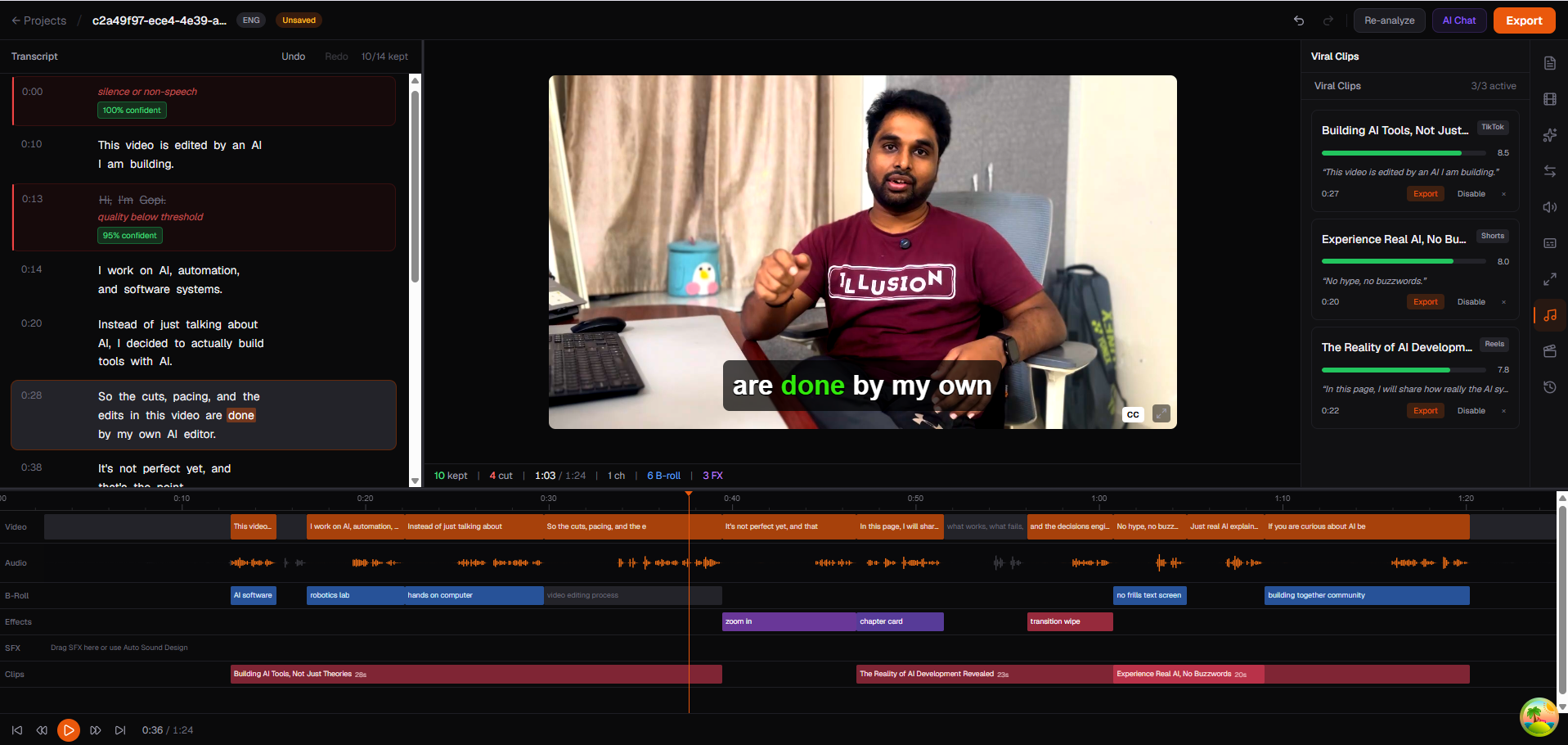 Toast video editor — transcript, timeline, effects, and B-roll